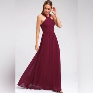 Lulus NWT Air of Romance Burgundy Modified Halter Neck Maxi Formal Dress, Size S
